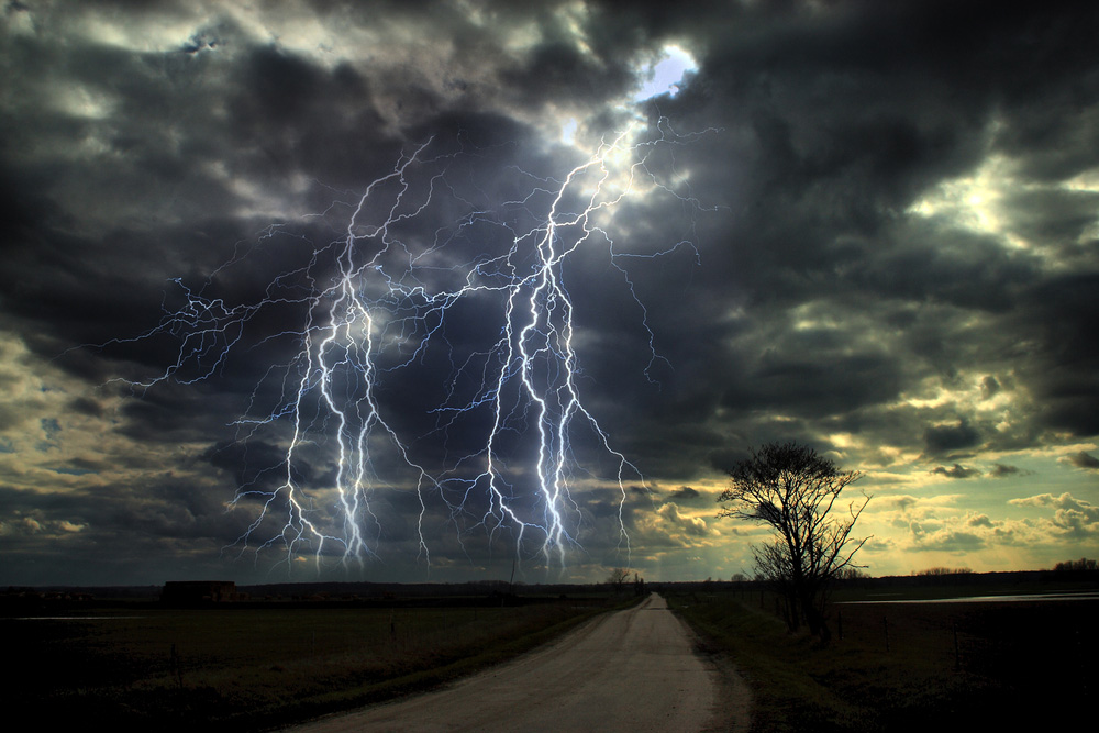 Lightning,Storm,Over,Asphalt,Road